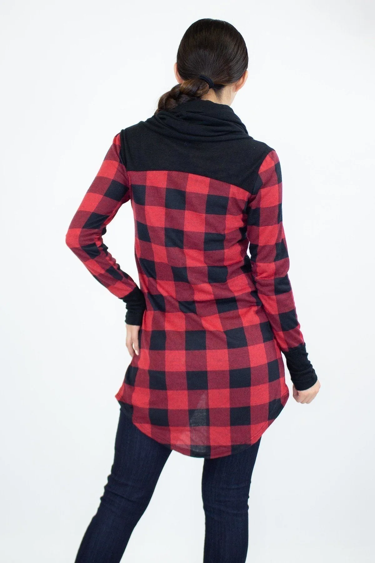 Womens Plaid Top Long Sleeve Cowl Neck Shirt Red/Black Sizes S/M