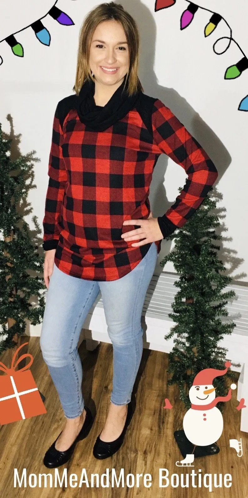 Womens Plaid Top Long Sleeve Cowl Neck Shirt Red/Black Sizes S/M