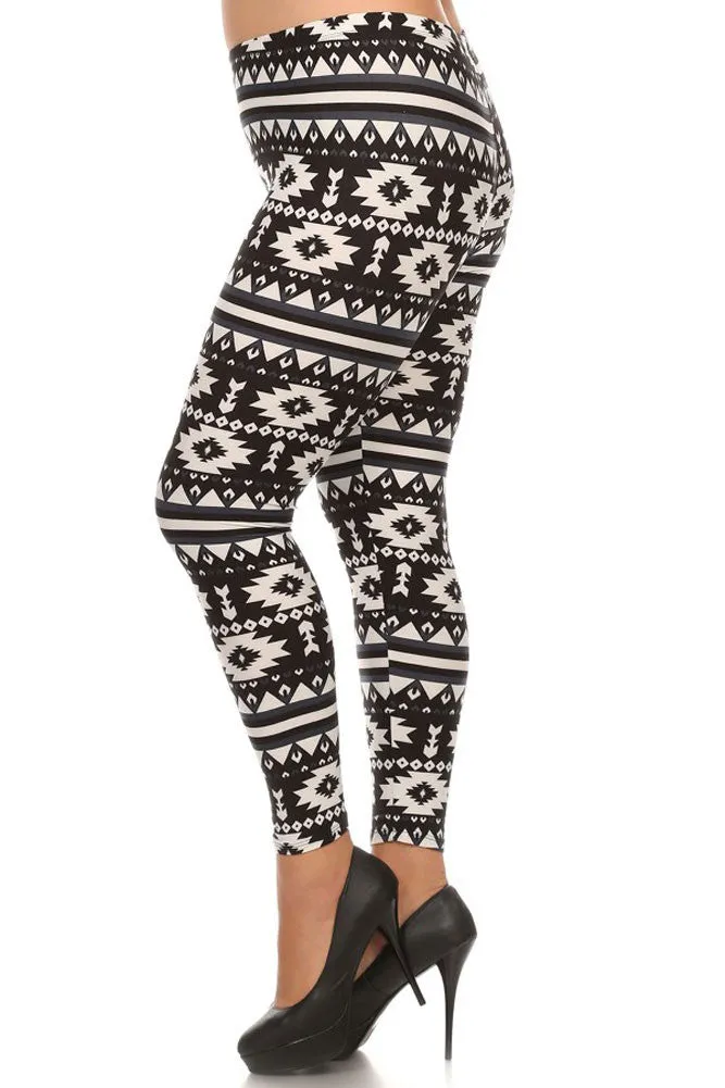 Women's Plus American Indian Navajo and Stripe Pattern Print Leggings - Black White