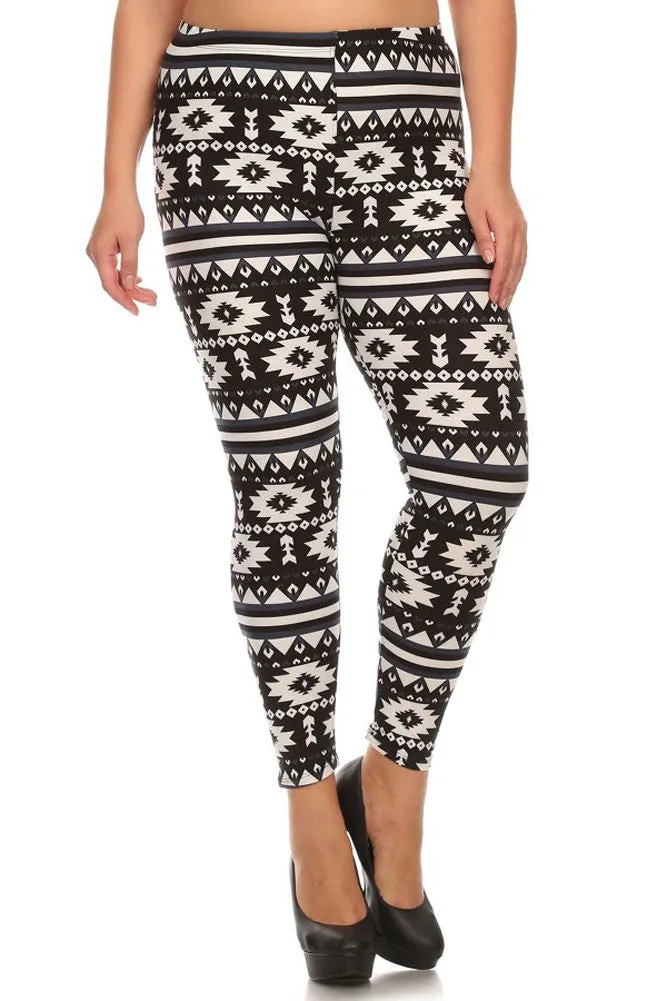 Women's Plus American Indian Navajo and Stripe Pattern Print Leggings - Black White