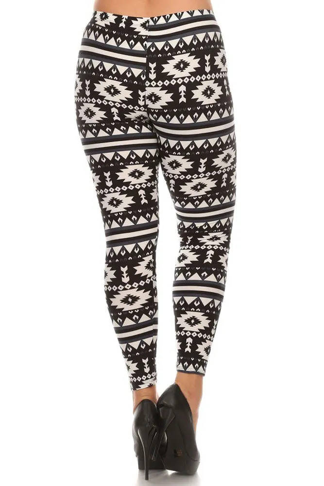 Women's Plus American Indian Navajo and Stripe Pattern Print Leggings - Black White