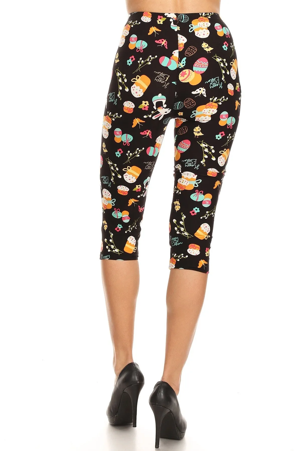 Women's Plus Easter Egg Rabbits Butterfly Printed Cropped Capri Leggings