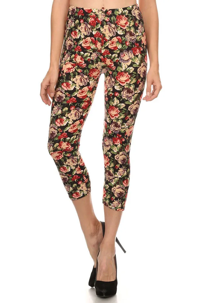 Women’s Regular Splendid Mixed Color Floral Capri Leggings - Black Red Green