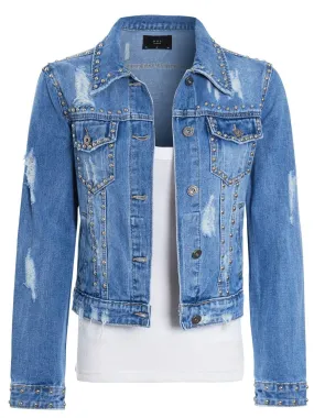 Womens Studded Distressed Denim Jacket, Denim Blue, UK Sizes 8 to 14