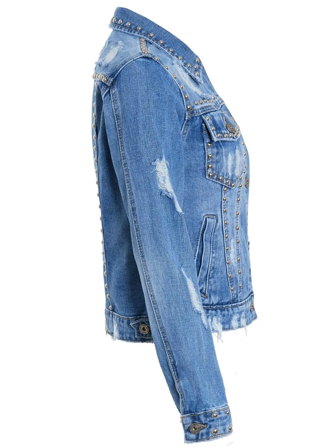 Womens Studded Distressed Denim Jacket, Denim Blue, UK Sizes 8 to 14