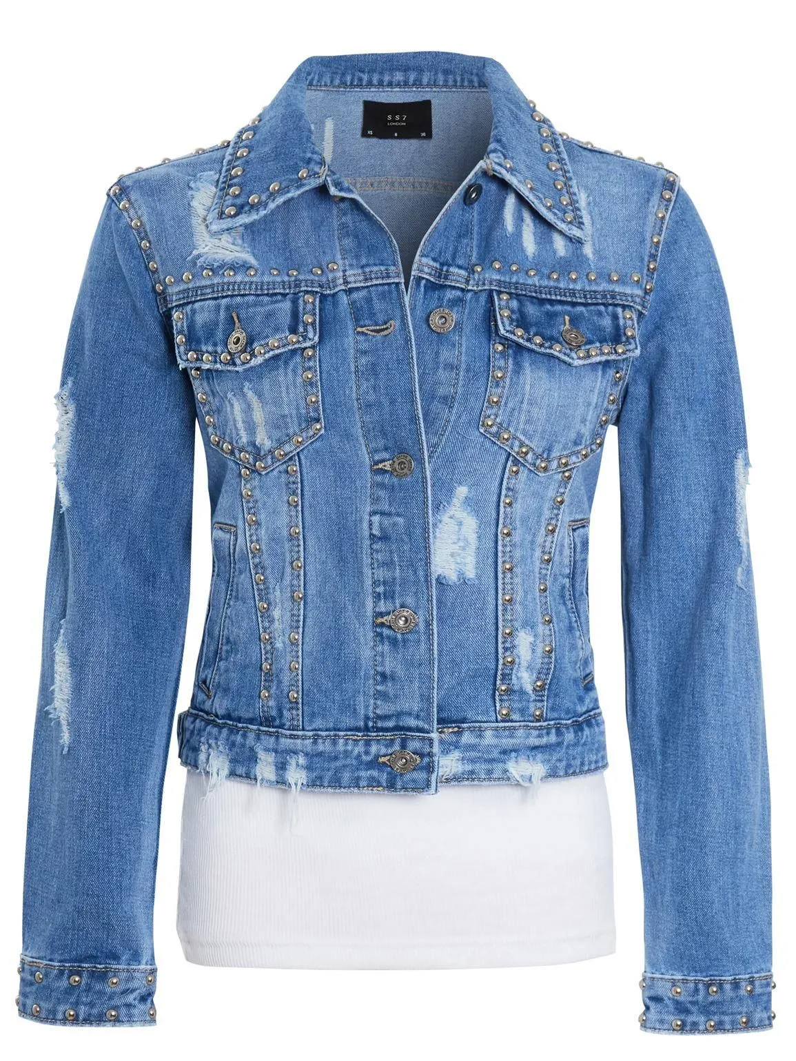 Womens Studded Distressed Denim Jacket, Denim Blue, UK Sizes 8 to 14