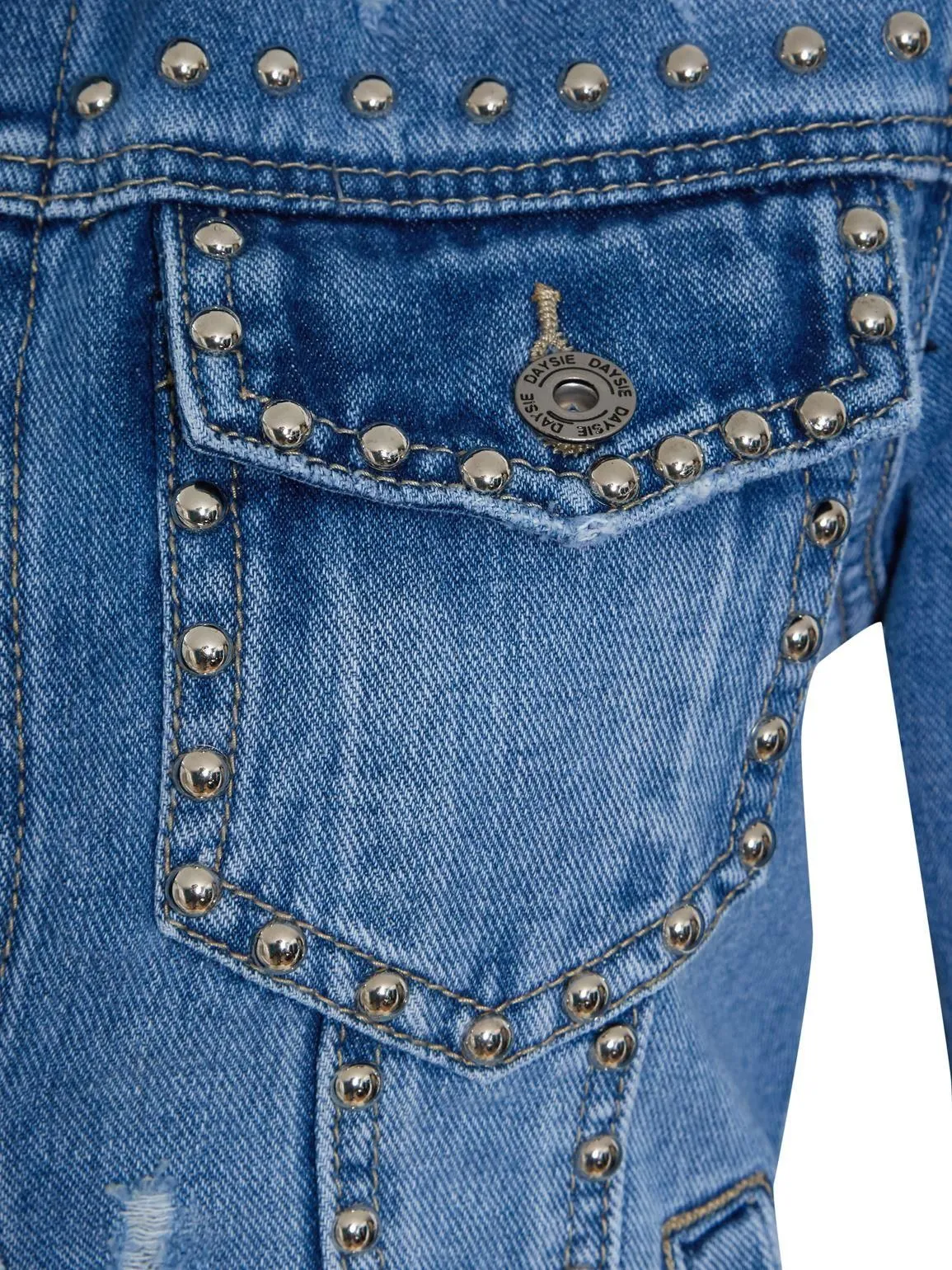 Womens Studded Distressed Denim Jacket, Denim Blue, UK Sizes 8 to 14