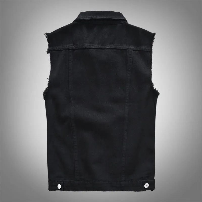 Xituodai New Men's Fashion Casual Black Hooded Sleeveless Vest Denim Vest Jacket Street Punk Style Denim Vest Multiple Size Opti